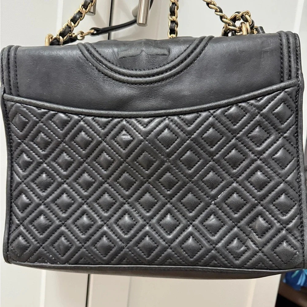 Tory Burch Large Black Matte Fleming Quilted Convertible Leather Shoulder Bag